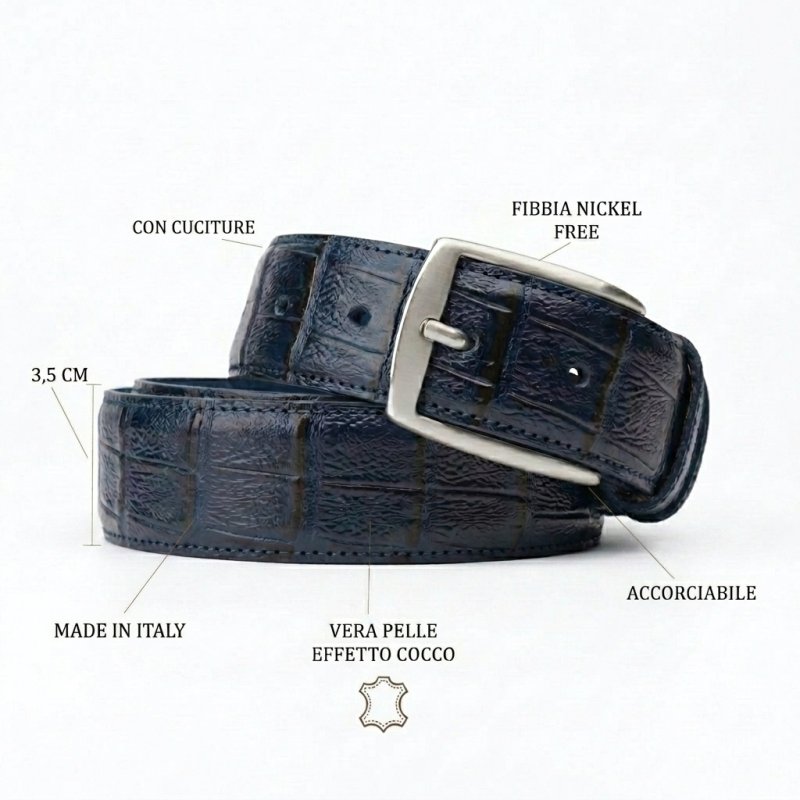 Conte Massimo Unisex Genuine Leather Belt, Croc-Embossed, Made in Italy, 3.5cm, With Box — front view