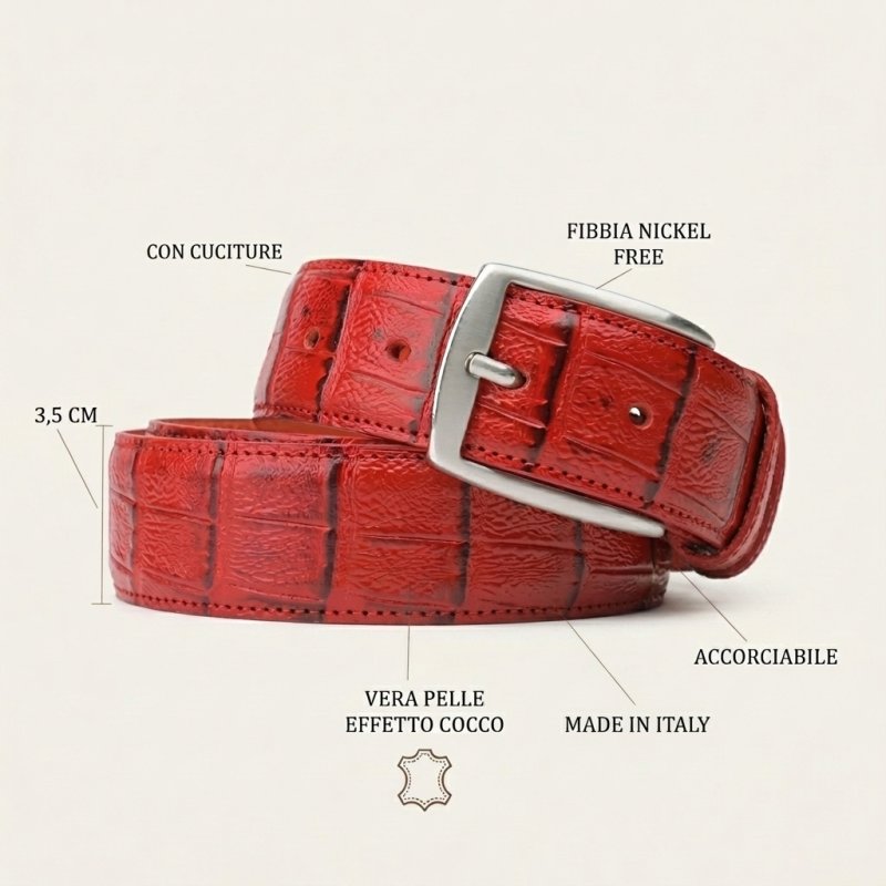 Conte Massimo Gürtel Unisex, Leder mit Kroko-Prägung, Nickelfreie Schnalle, Made in Italy, Höhe 3,5 cm, Box — Ansicht 23