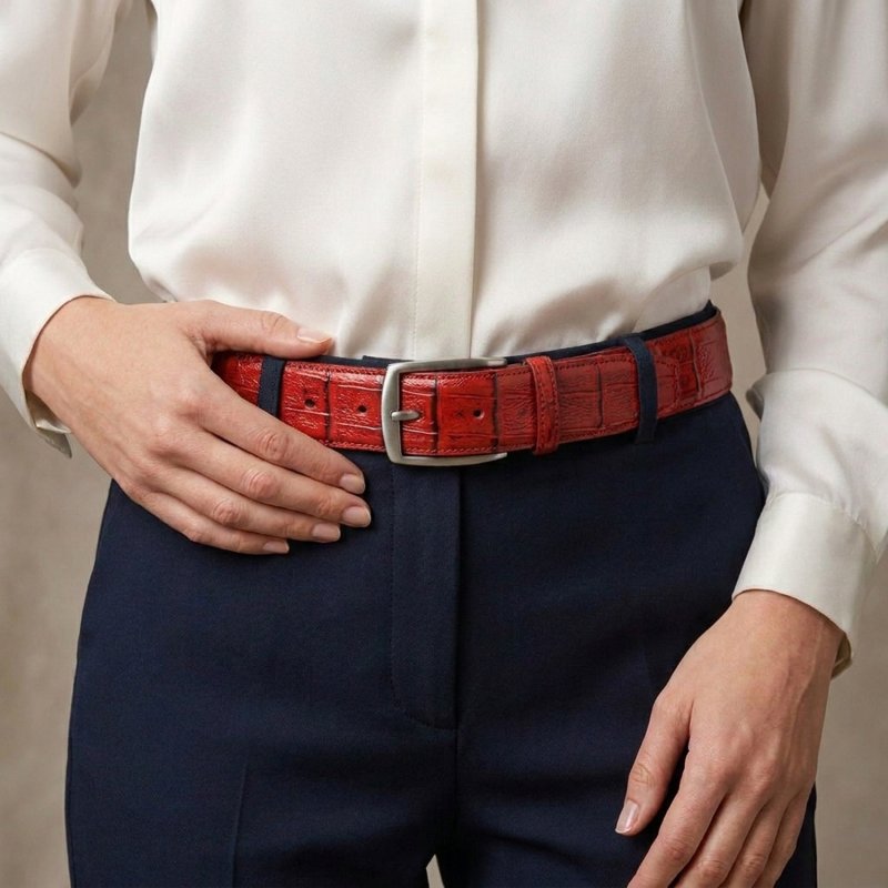 Conte Massimo Unisex Genuine Leather Belt, Croc-Embossed, Made in Italy, 3.5cm, With Box — view 26