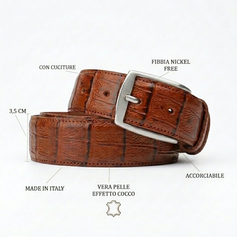 Conte Massimo Gürtel Unisex, Leder mit Kroko-Prägung, Nickelfreie Schnalle, Made in Italy, Höhe 3,5 cm, Box — Ansicht 30