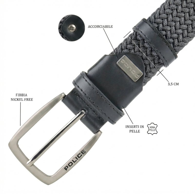 Police Cintura Elastica Intrecciata Uomo Donna Inserti in Vera Pelle, Fibbia Nickel Free, Accorciabile Alta 3,5 c… — vista 81