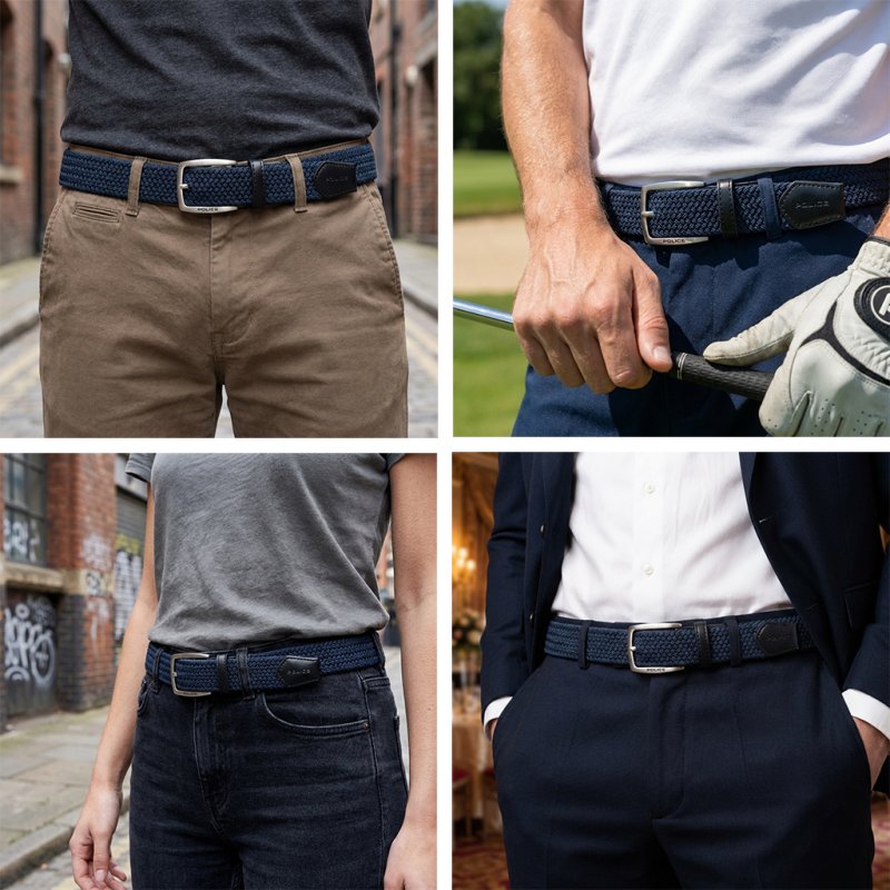 Police Ceinture Élastique Tressée Unisexe, Inserts Cuir, Boucle Sans Nickel, Raccourcissable, 3,5 cm, Boîte — vue 100