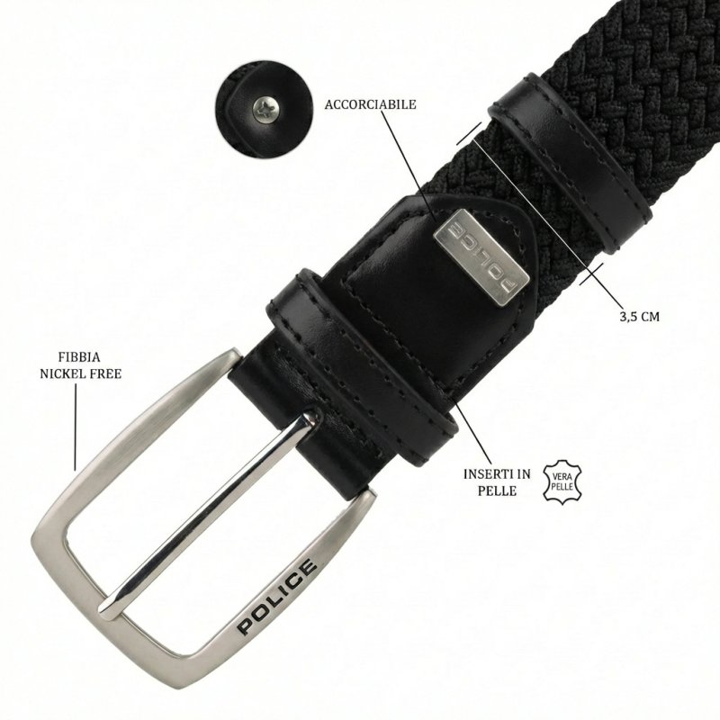 Police Cinturón Elástico Trenzado Unisex, Detalles en Piel, Hebilla Sin Níquel, Acortable, Alto 3,5 cm, Caja — vista 111