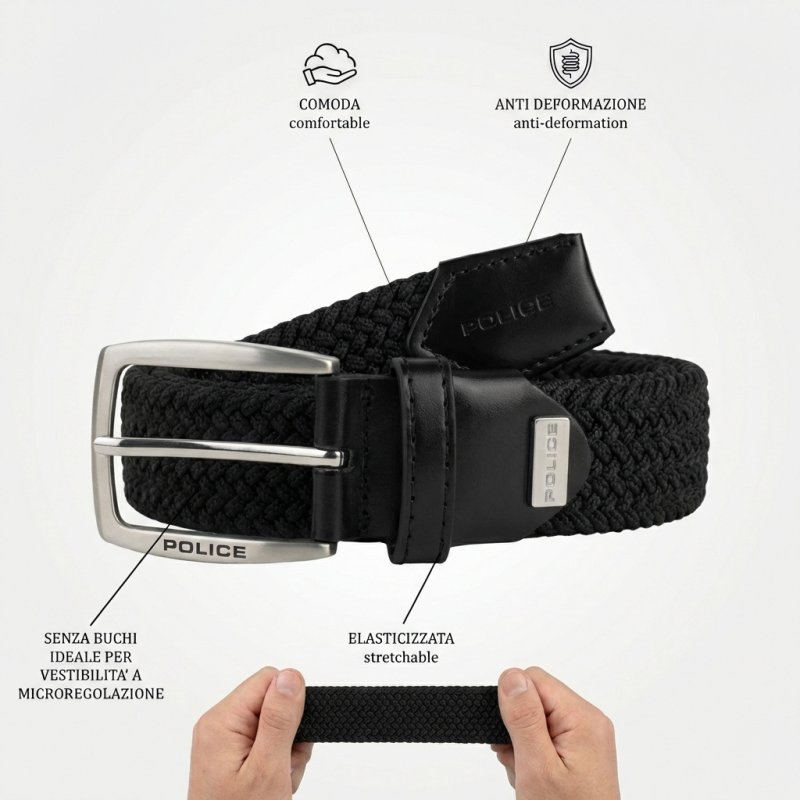 Police Cinturón Elástico Trenzado Unisex, Detalles en Piel, Hebilla Sin Níquel, Acortable, Alto 3,5 cm, Caja — vista 110