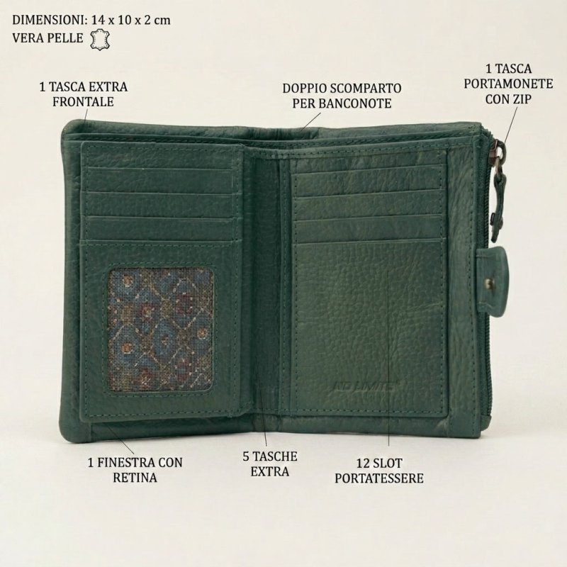 No Limits Small Women's Wallet in Genuine Leather, Credit Card Holder With Coin Compartment and Gift Box — front view
