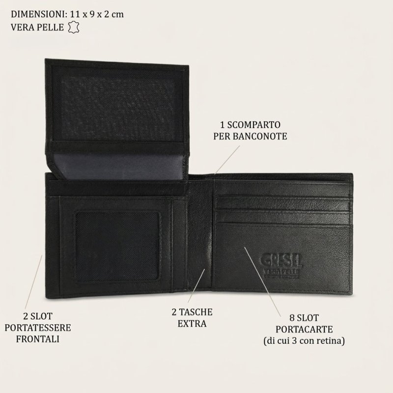 GRESEL Men's Slim Genuine Leather Wallet, Soft Nappa, Card Holder, Black — back view