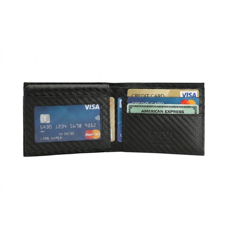 GRESEL Men's Slim Genuine Leather Wallet, Carbon Effect, Card Holder, Black