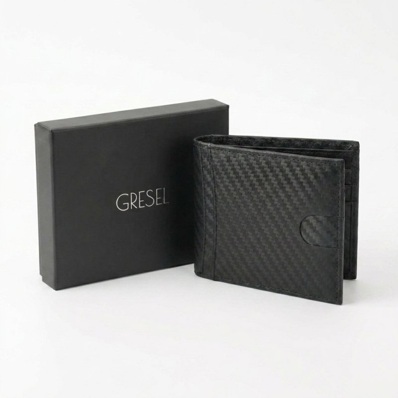 GRESEL Geldbörse Herren Slim aus echtem Leder Carbon-Optik, Kartenfach, Schwarz — Detail