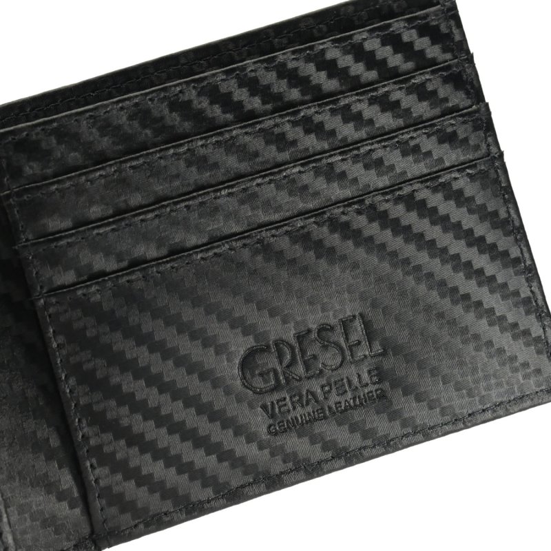 GRESEL Men's Slim Genuine Leather Wallet, Carbon Effect, Card Holder, Black — logo detail