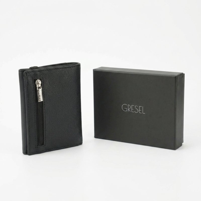 GRESEL Men's Slim Genuine Leather Wallet, Saffiano, with Coin Pocket, Black — logo detail