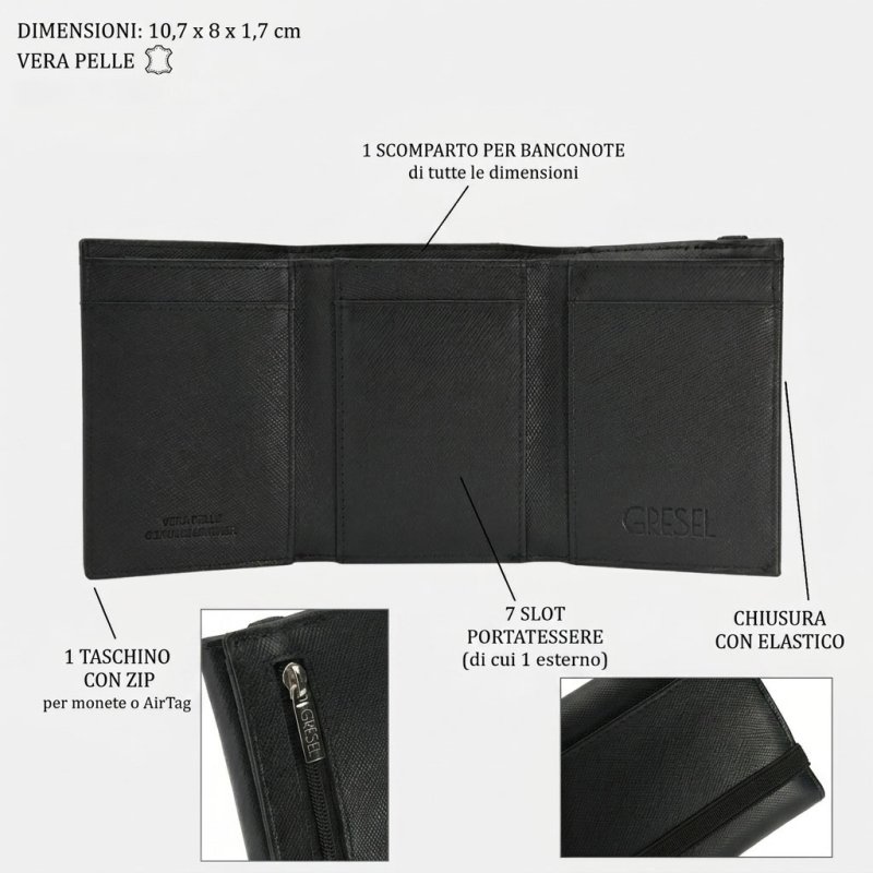 GRESEL Geldbörse Herren Slim aus echtem Leder Saffiano mit Münzfach, Schwarz — Rückansicht