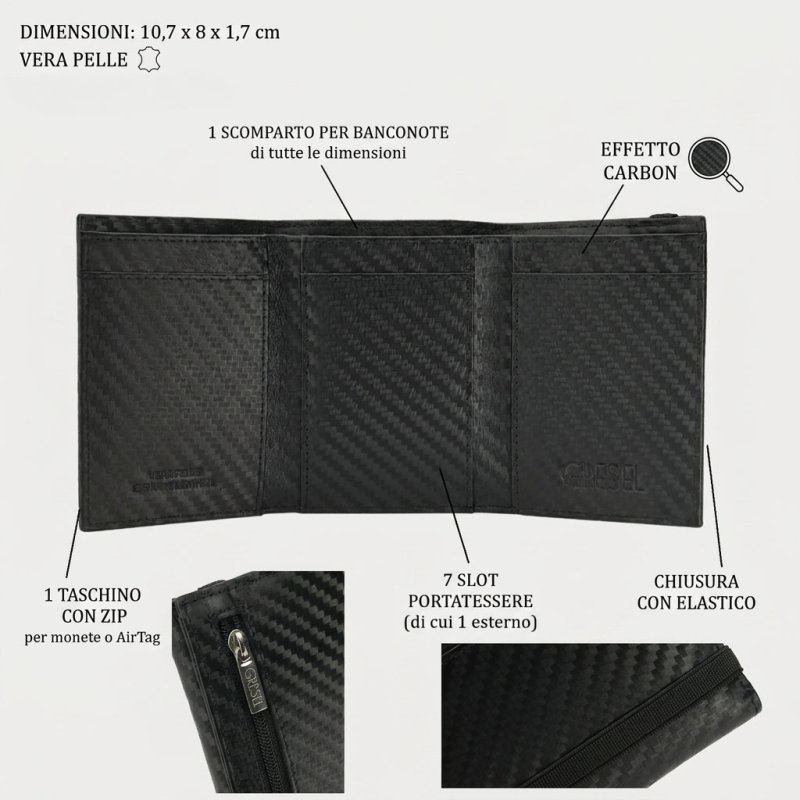 GRESEL Cartera Hombre Slim en Piel Auténtica Efecto Carbono con Portamonedas, Negro — vista trasera