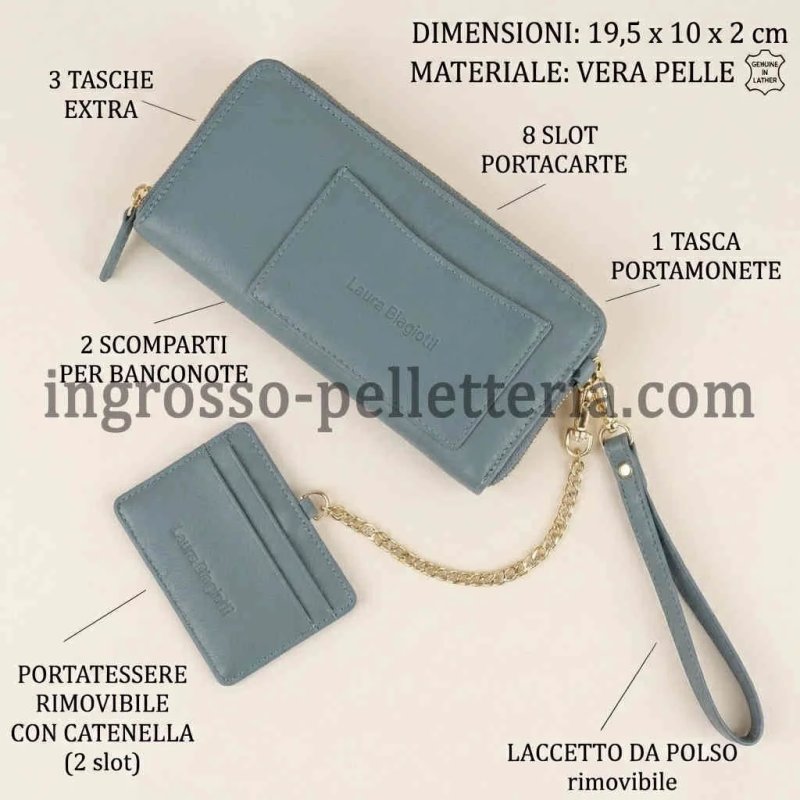 Laura Biagiotti Cartera Mujer en Piel Auténtica, Correa de Muñeca, Tarjetero Extraíble y Caja de Regalo — vista frontal