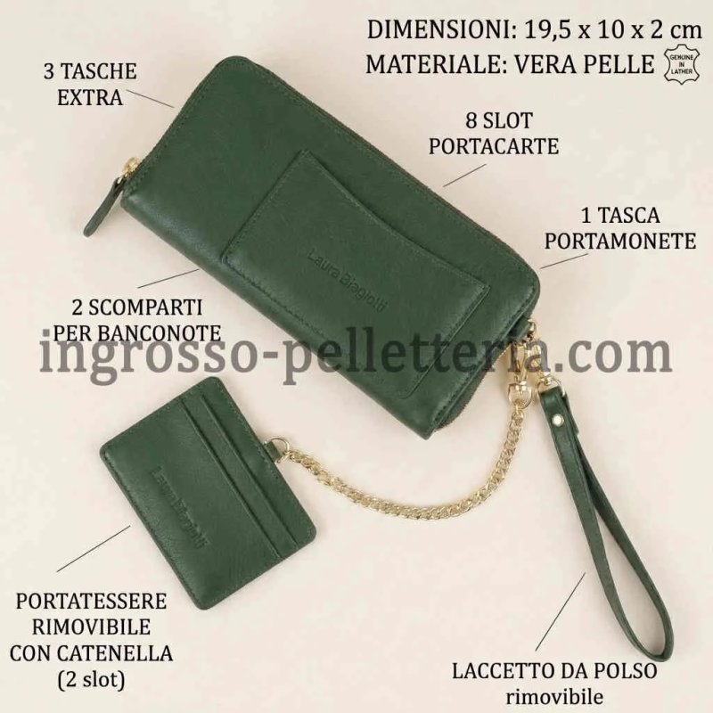 Laura Biagiotti Cartera Mujer en Piel Auténtica, Correa de Muñeca, Tarjetero Extraíble y Caja de Regalo — vista 74