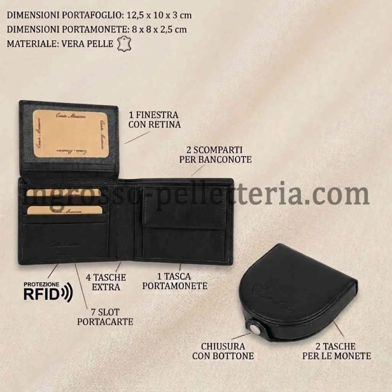 Conte Massimo Estuche de Regalo Hombre, Cartera y Monedero en Piel Auténtica, Protección RFID — vista 9